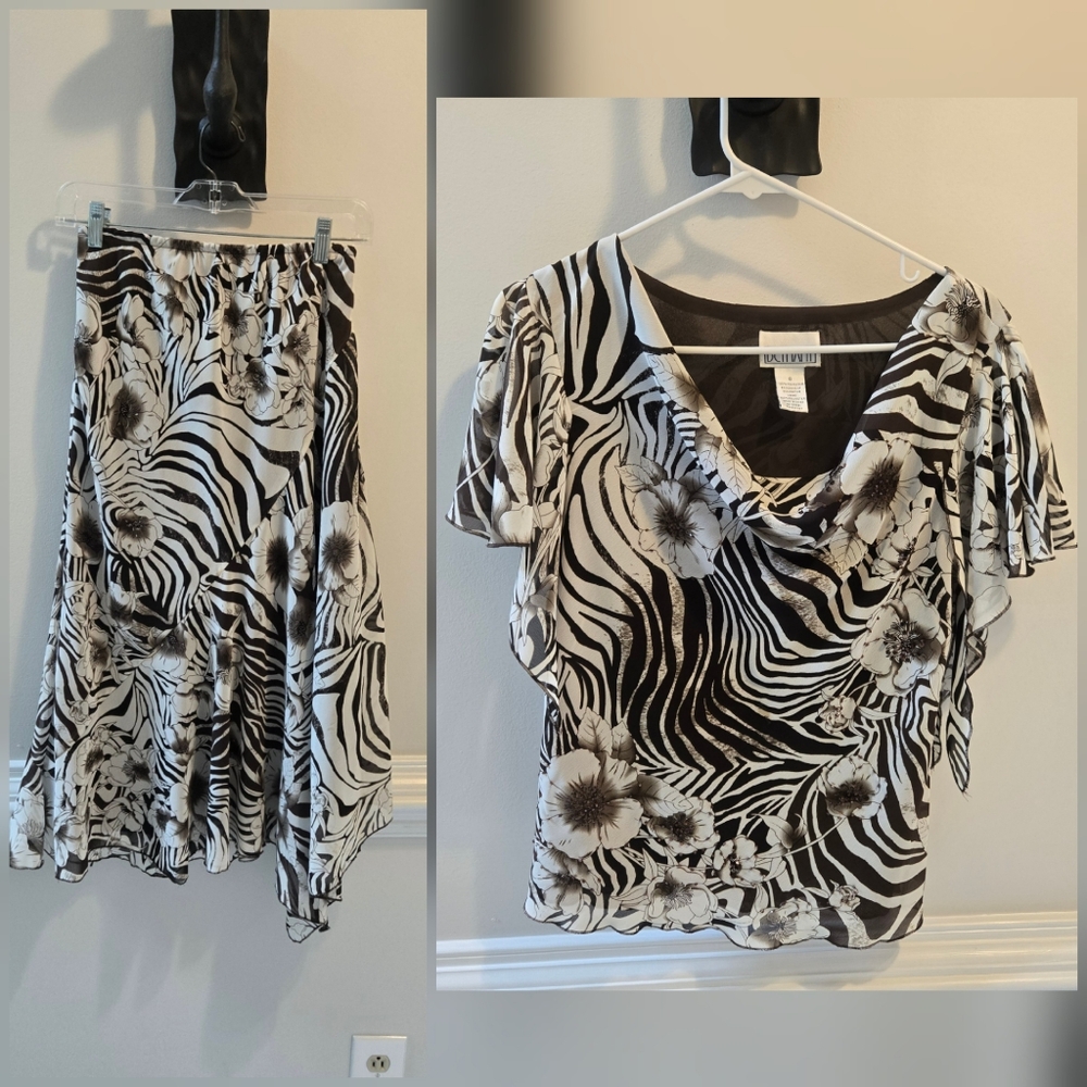 Bethany 2 Piece Skirt Set Zebra Floral Print Beaded With Flutter Sleeves Size 6